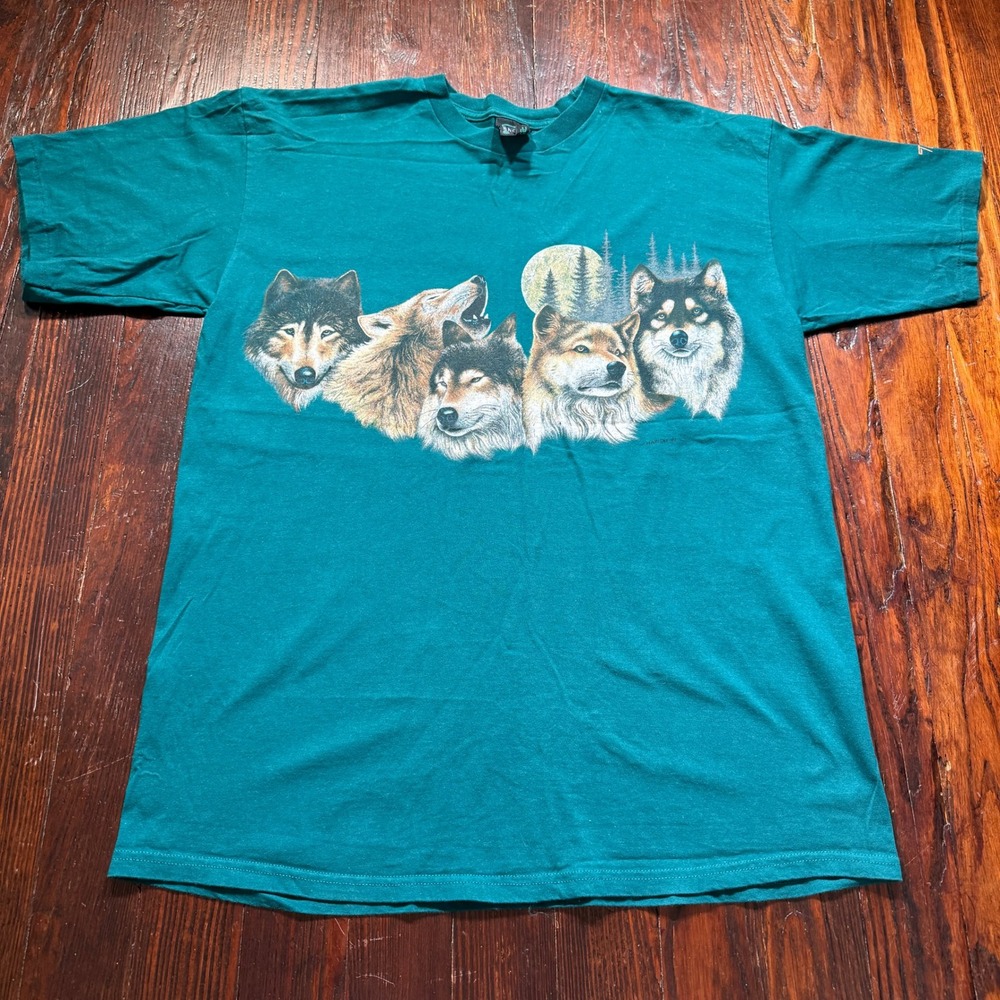 Vintage 1992 Telluride Wolf Shirt Mens 2XL Teal Single Stitch USA Made Nature